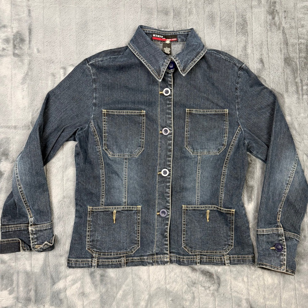 KIKIT Jeans Maurice Sasson Dark Wash Denim Chore Jacket Purple Buttons Large